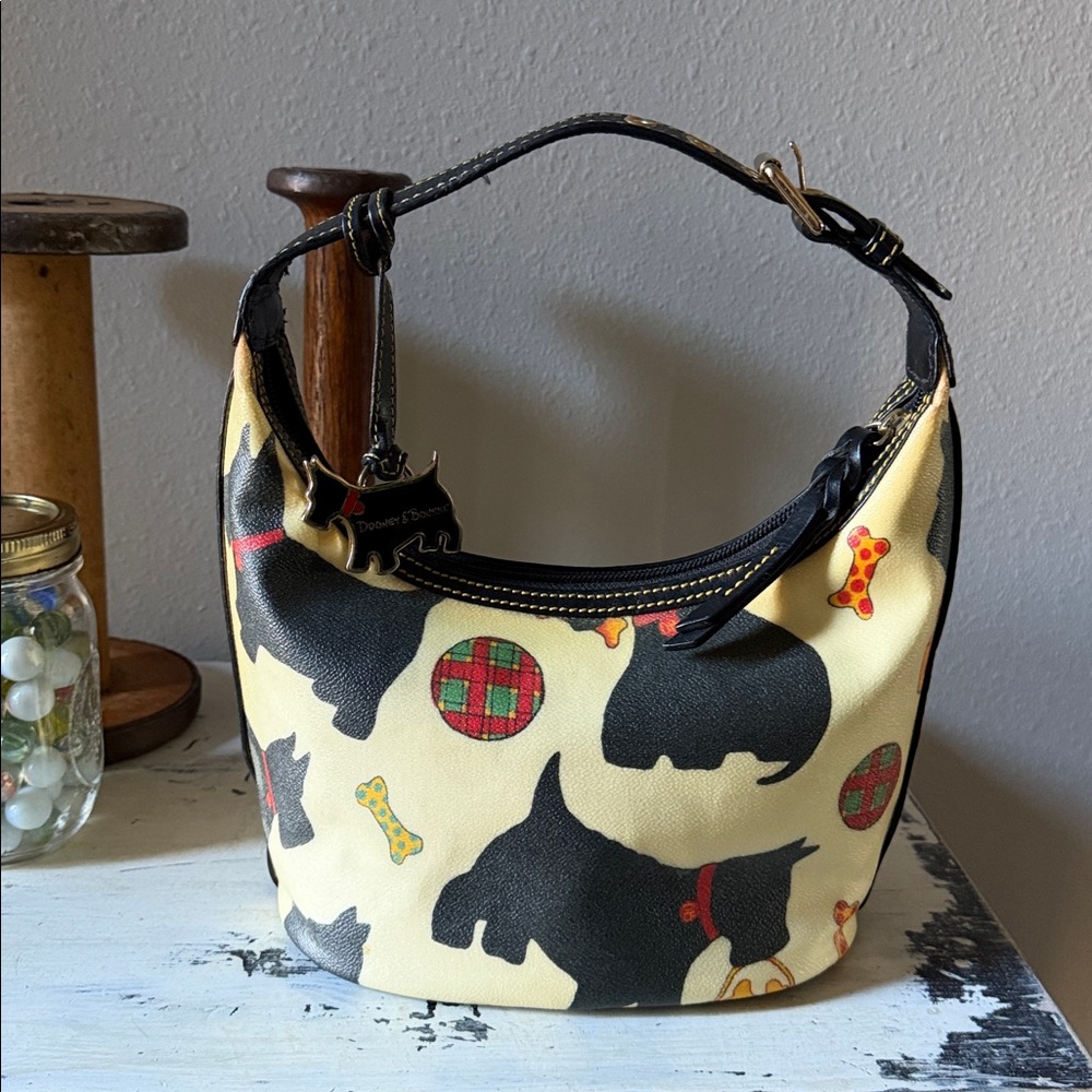Vintage Dooney & Bourke Scottie Dog Print Shoulder Bag Cream Black Plaid  ~ EUC